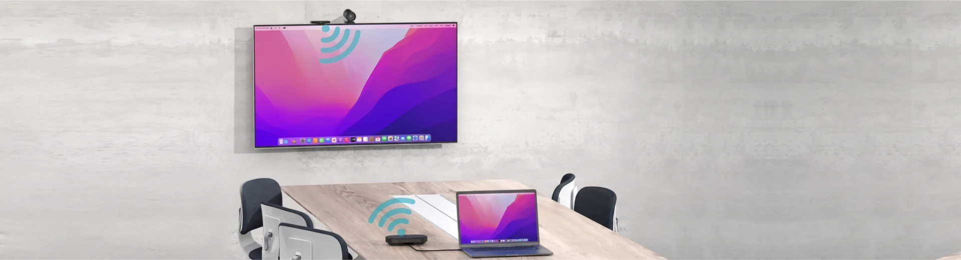 Sala de reuniones equipada con el Linkvil CA400, videoconferencia inalámbrica